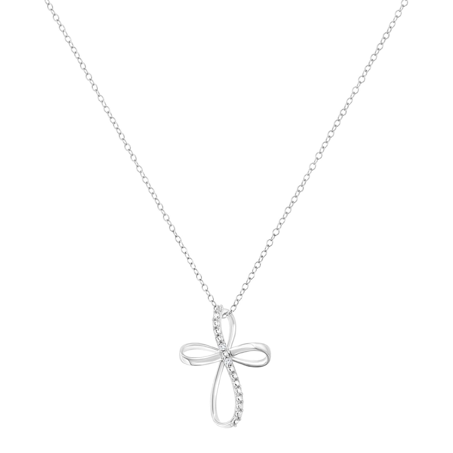 .925 Sterling Silver Diamond Accent Cross Ribbon 18" Pendant Necklace