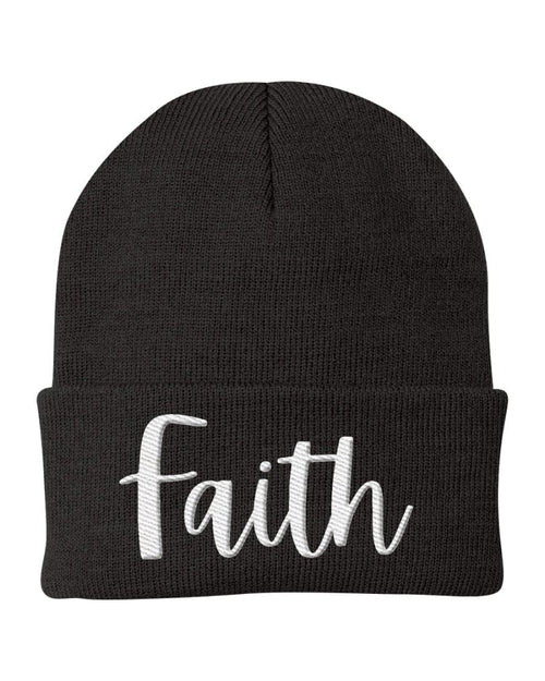 Beanie Knit Cap - Faith Embroidered Hat / White Text