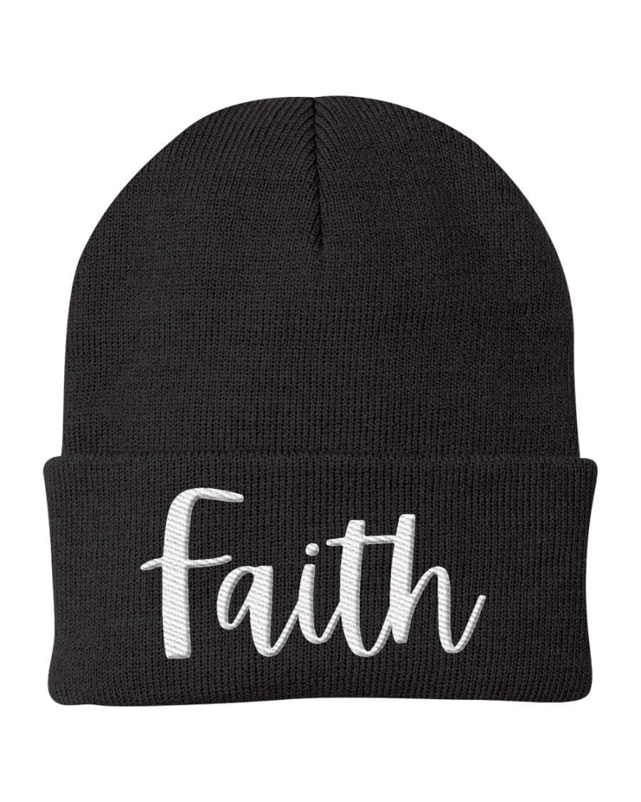 Beanie Knit Cap - Faith Embroidered Hat / White Text