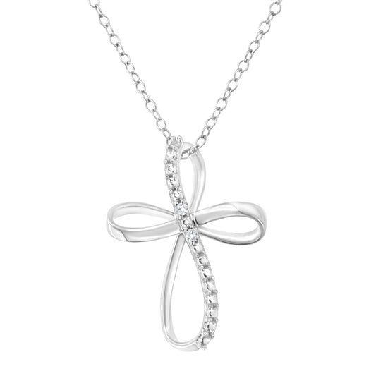 .925 Sterling Silver Diamond Accent Cross Ribbon 18" Pendant Necklace