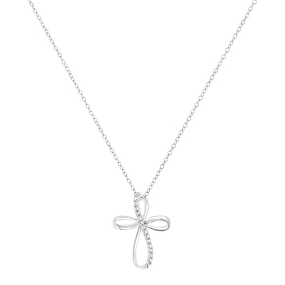 .925 Sterling Silver Diamond Accent Cross Ribbon 18" Pendant Necklace