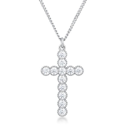 Micro Beaded Rhodium Plated Clear CZ Cross Pendant