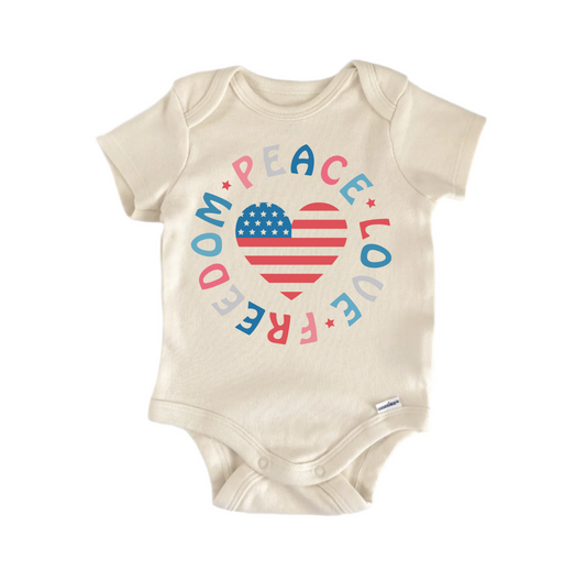 Peace Love Freedom Patriotic July 4th - Baby Boy Girl Clothes Bodysuit