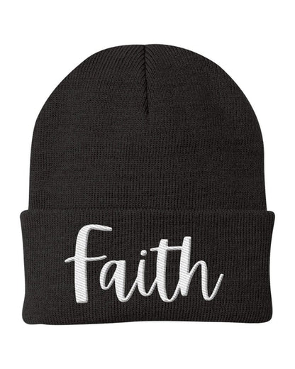 Beanie Knit Cap - Faith Embroidered Hat / White Text