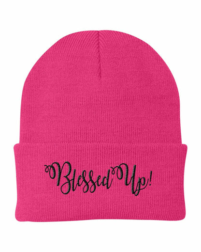 Beanie Cap / Blessed Up Embroidered Graphic - Cuffed Knit Hat