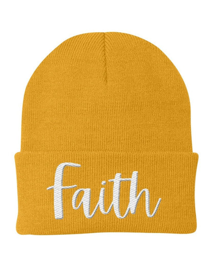 Beanie Knit Cap - Faith Embroidered Hat / White Text